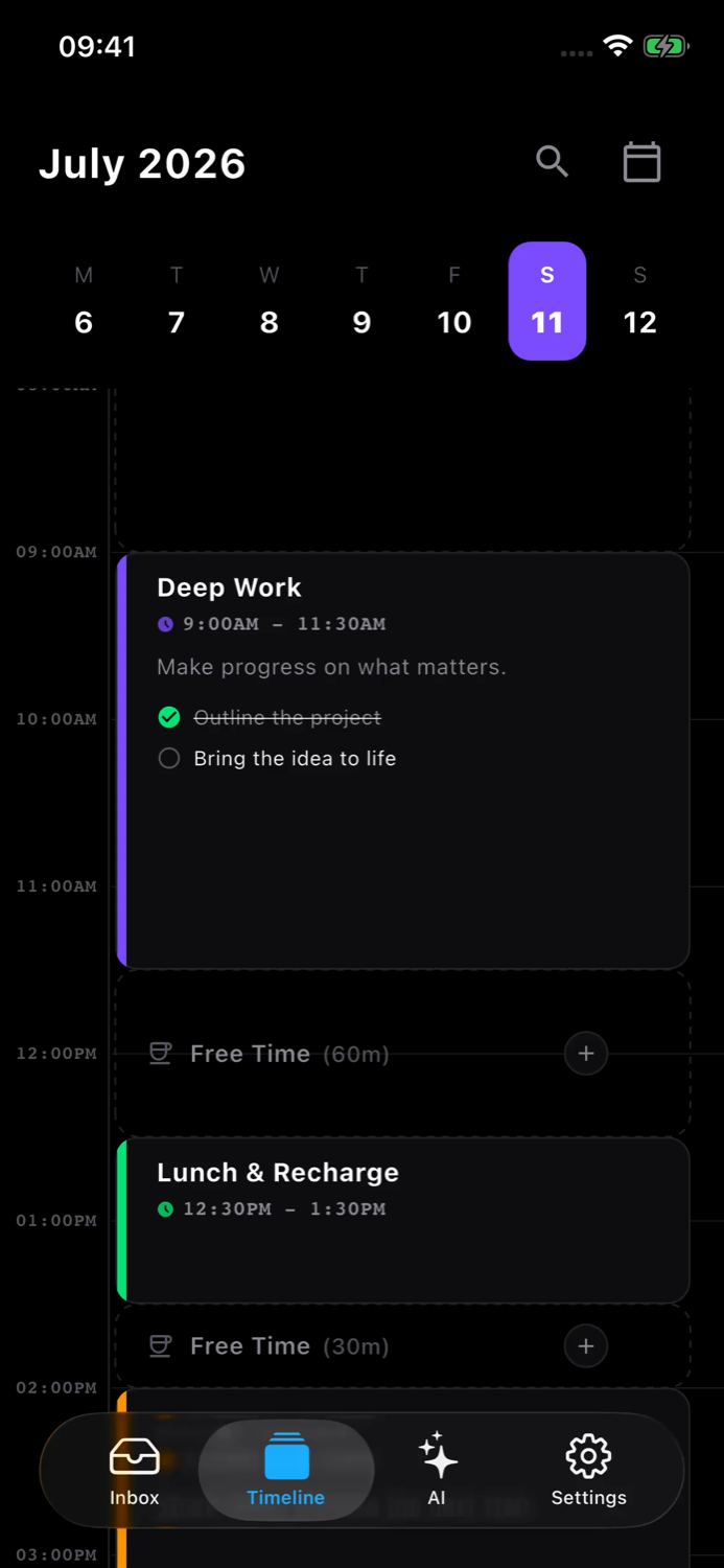 Structured Flow daily planner showing tasks, calendar events, and free time on an iPhone timeline.